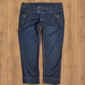 Vintage Y2K Rewind Low Rise Denim Capri Jeans Double Button Cuffed‎ Dark Wash